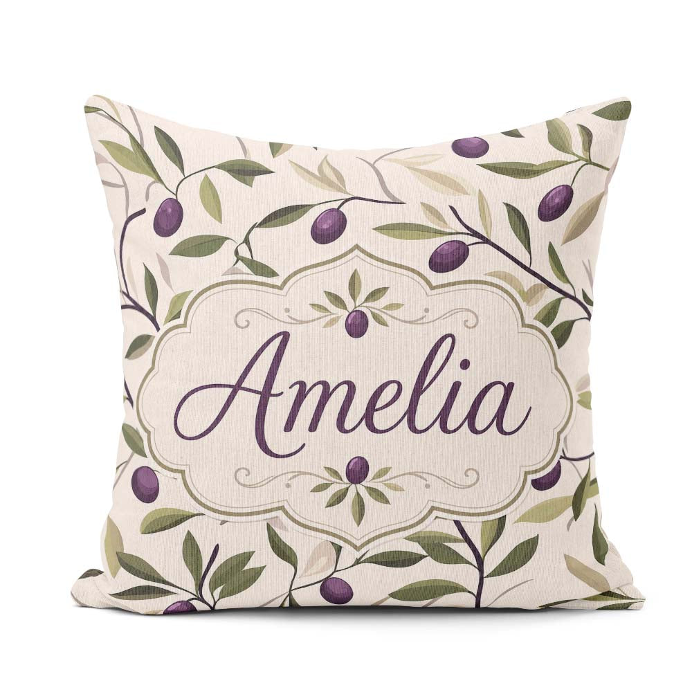 Custom Name Olive Branch Purple Fruit Botanical Minimal Seamless Square Filled Cushion Throw Pillow Sofa Bed Home Decor Zip Washable UK Made