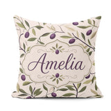 Custom Name Olive Branch Purple Fruit Botanical Minimal Seamless Square Filled Cushion Throw Pillow Sofa Bed Home Decor Zip Washable UK Made