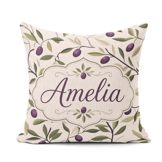 Custom Name Olive Branch Purple Fruit Botanical Minimal Seamless Square Filled Cushion Throw Pillow Sofa Bed Home Decor Zip Washable UK Made