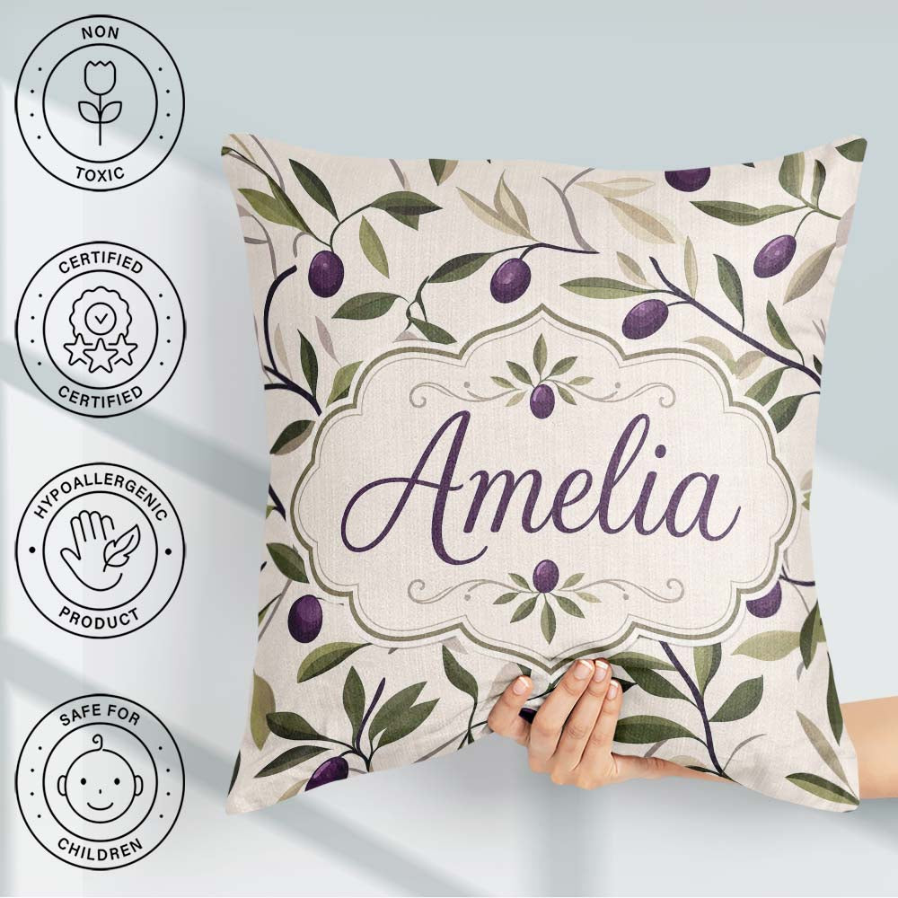 Custom Name Olive Branch Purple Fruit Botanical Minimal Seamless Square Filled Cushion Throw Pillow Sofa Bed Home Decor Zip Washable UK Made