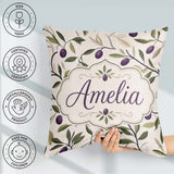 Custom Name Olive Branch Purple Fruit Botanical Minimal Seamless Square Filled Cushion Throw Pillow Sofa Bed Home Decor Zip Washable UK Made