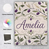 Personalised Name Olive Branch Purple Fruit Custom  Bespoke Interior Contemporary Canvas Wall Art Print Decor Picture Ready to Hang