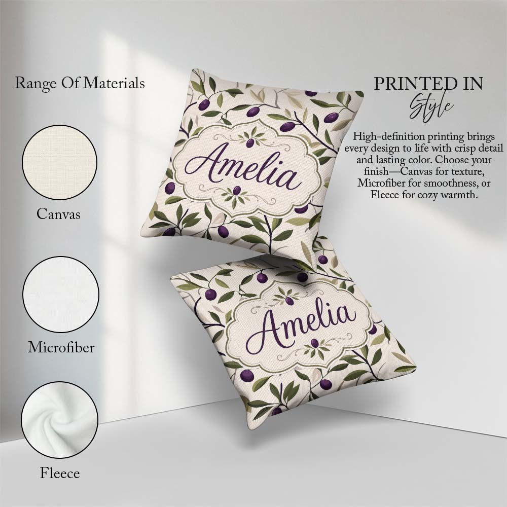 Custom Name Olive Branch Purple Fruit Botanical Minimal Seamless Square Filled Cushion Throw Pillow Sofa Bed Home Decor Zip Washable UK Made