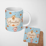 Personalized Custom Name Cute Autumn Scarecrow Pumpkin Birds Seamless Pattern Blue Background 11oz Ceramic Coffee Tea Mug White Large Handle