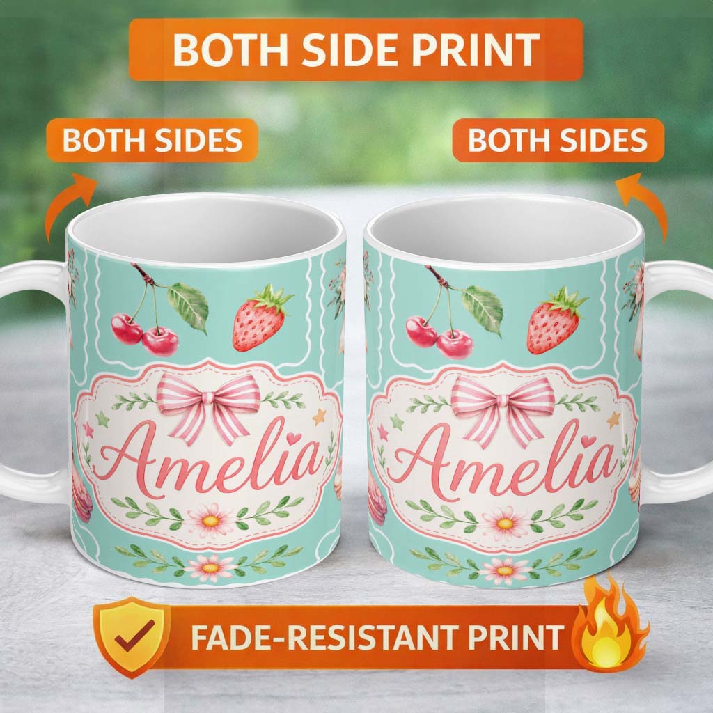 Personalized Custom Name Cute Strawberry Cherry Ribbon Bow Sweet Dessert Pattern Teal Green 11oz Ceramic Coffee Tea Mug White Large Handle