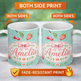 Personalized Custom Name Cute Strawberry Cherry Ribbon Bow Sweet Dessert Pattern Teal Green 11oz Ceramic Coffee Tea Mug White Large Handle