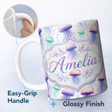 Personalized Custom Name Soft Watercolor Jellyfish in Pastel Purple and Aqua Seamless Marine 11oz Ceramic Coffee Tea Mug White Large Handle