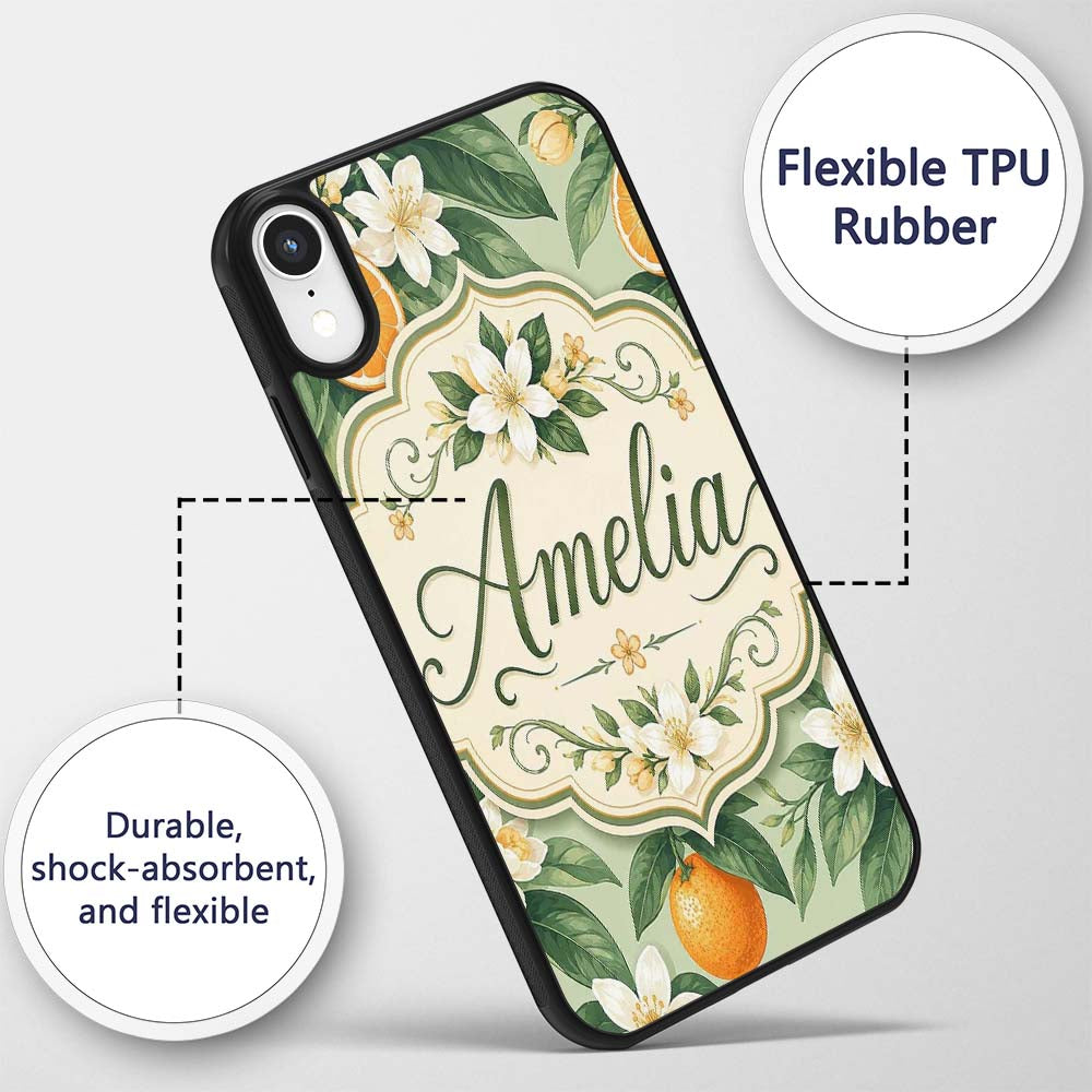Orange Citrus Fruit Blossom Botanical Seamless Custom Name Protective Phone Case Mobile Cover Durable Everyday Smartphone Shock Resistant