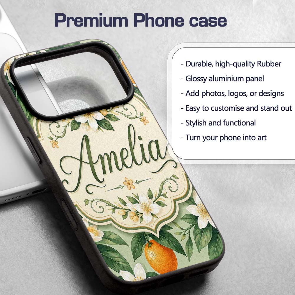 Orange Citrus Fruit Blossom Botanical Seamless Custom Name Protective Phone Case Mobile Cover Durable Everyday Smartphone Shock Resistant