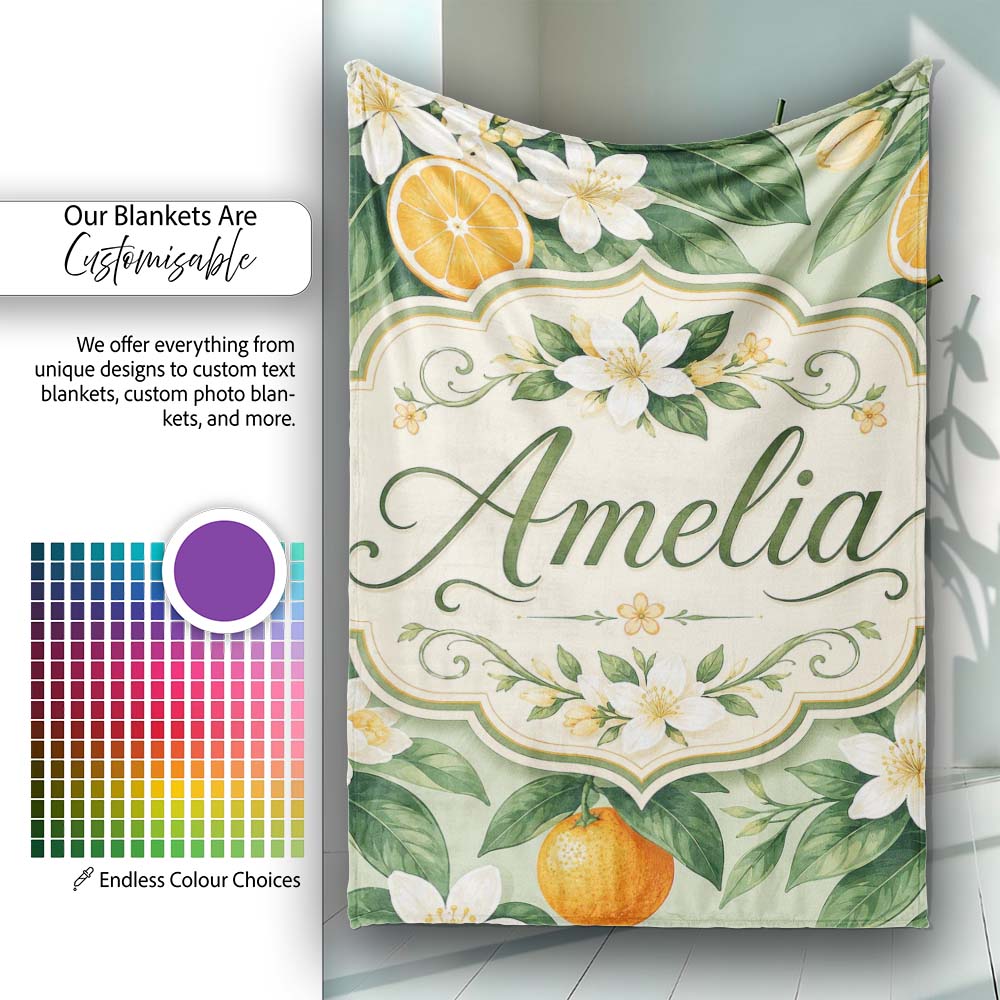 Orange Citrus Fruit Blossom Botanical Seamless Pattern Lovely  Personalised Custom Name Super Soft Fleece Blanket Bed Sofa Throw