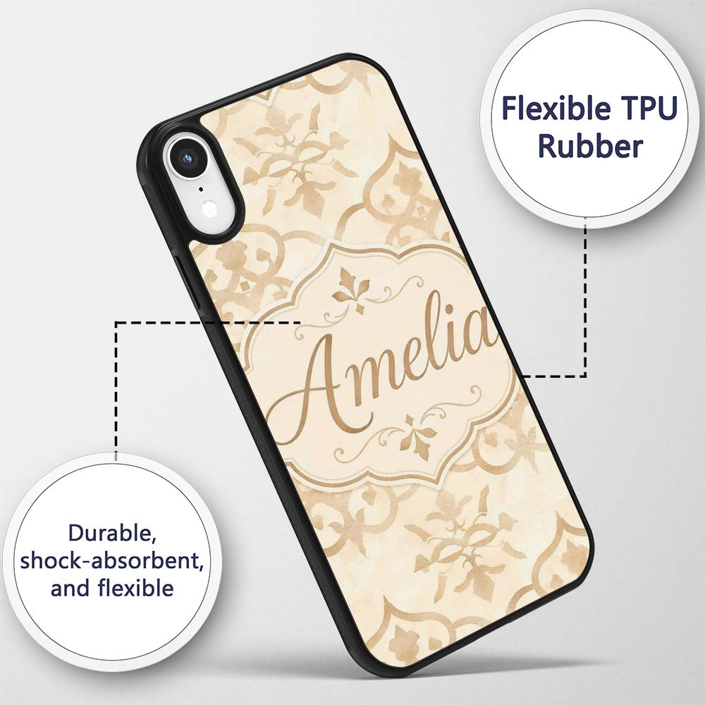 Neutral Beige Moroccan Geometric Tile Elegant Custom Name Protective Phone Case Mobile Cover Durable Everyday Smartphone Shock Resistant