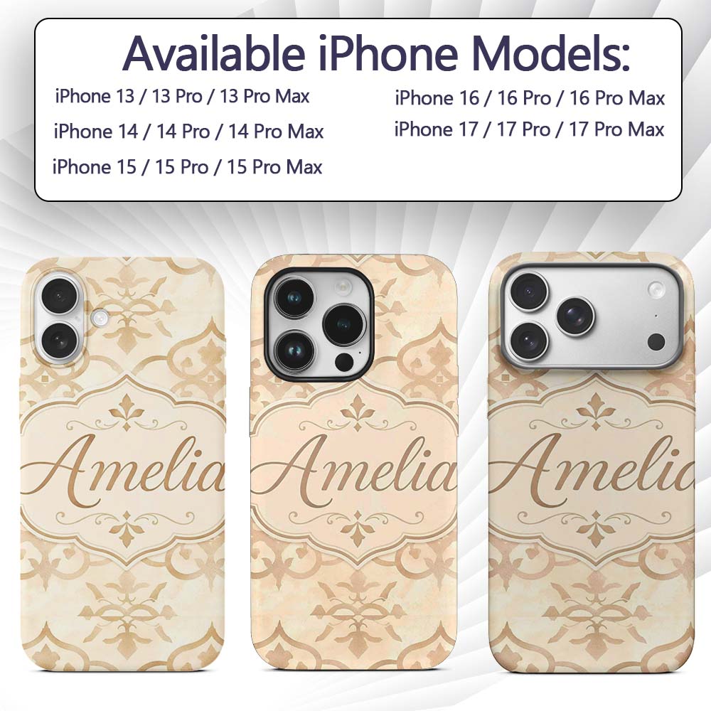 Neutral Beige Moroccan Geometric Tile Elegant Custom Name Protective Phone Case Mobile Cover Durable Everyday Smartphone Shock Resistant