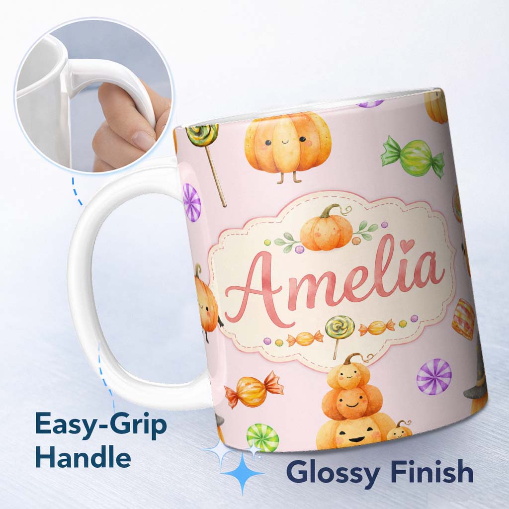 Personalized Custom Name Cute Watercolor Pumpkins and Candy Sweets on Blush Pink Background 11oz Ceramic Coffee Tea Mug White Large Handle