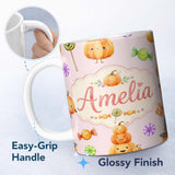 Personalized Custom Name Cute Watercolor Pumpkins and Candy Sweets on Blush Pink Background 11oz Ceramic Coffee Tea Mug White Large Handle