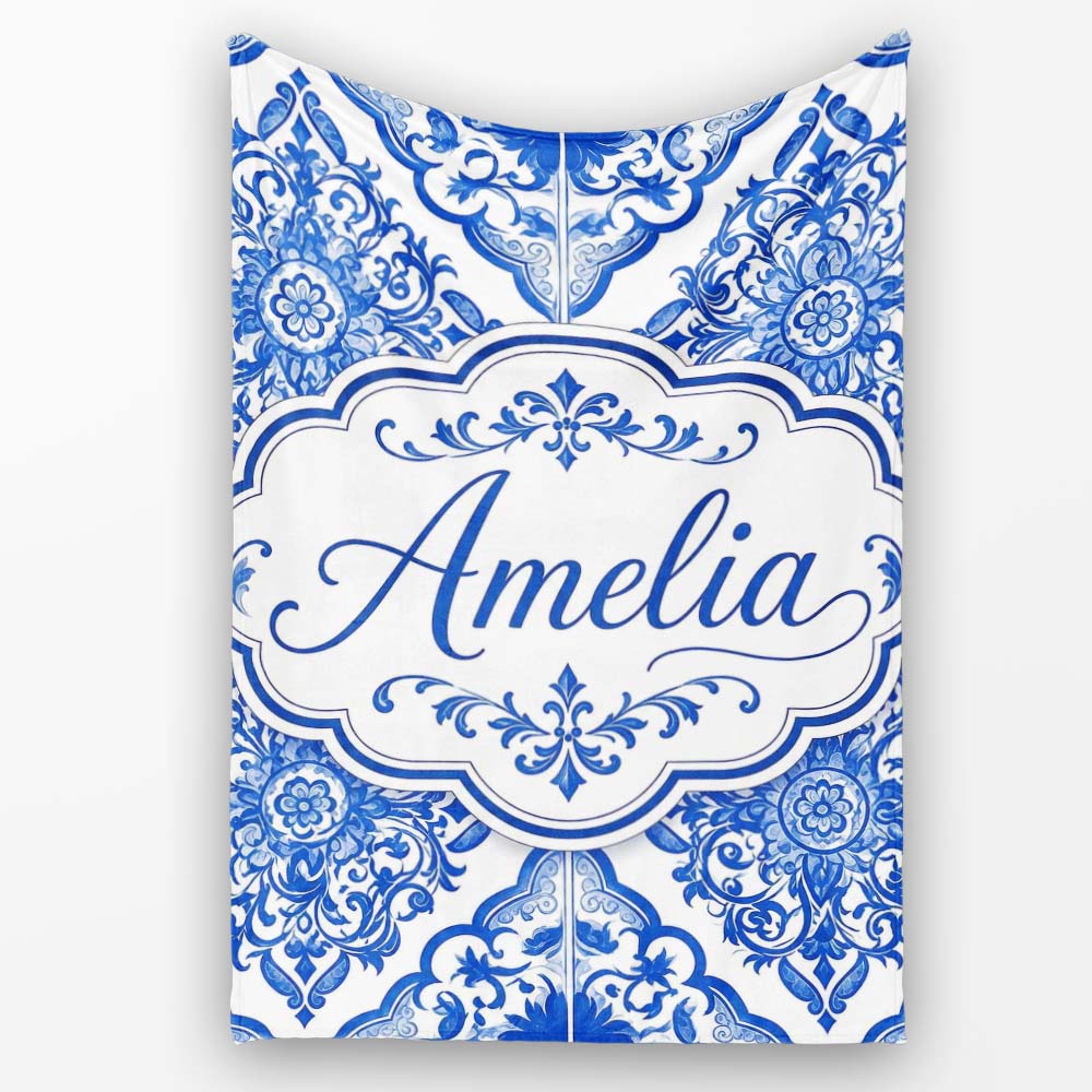 Blue Portuguese Azulejo Ornamental Tile Seamless Pattern Lovely  Personalised Custom Name Super Soft Fleece Blanket Bed Sofa Throw