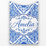Blue Portuguese Azulejo Ornamental Tile Seamless Pattern Lovely  Personalised Custom Name Super Soft Fleece Blanket Bed Sofa Throw