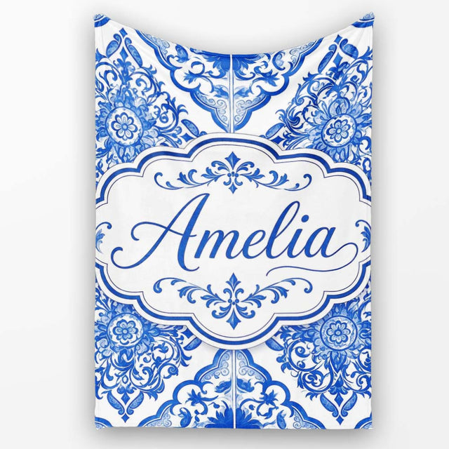 Blue Portuguese Azulejo Ornamental Tile Seamless Pattern Lovely  Personalised Custom Name Super Soft Fleece Blanket Bed Sofa Throw