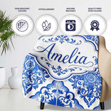 Blue Portuguese Azulejo Ornamental Tile Seamless Pattern Lovely  Personalised Custom Name Super Soft Fleece Blanket Bed Sofa Throw