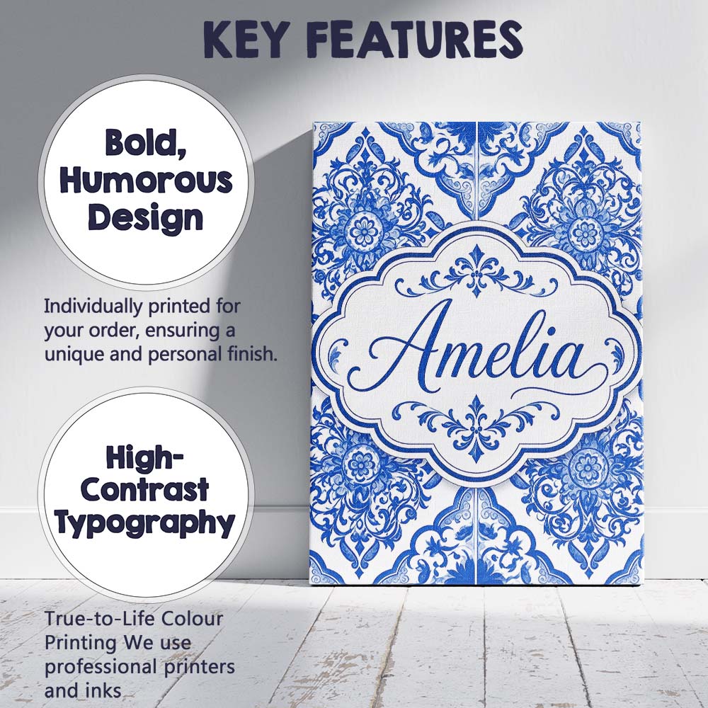Personalised Name Blue Portuguese Azulejo Custom  Unique Gift Idea Elegant Feature Canvas Wall Art Print Decor Picture Ready to Hang