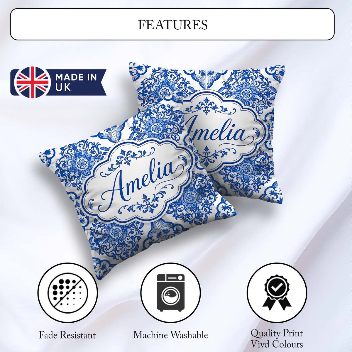 Custom Name Blue Portuguese Azulejo Tile Seamless Pattern Lovely Square Filled Cushion Throw Pillow Sofa Bed Home Decor Zip Washable UK Made