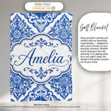 Blue Portuguese Azulejo Ornamental Tile Seamless Pattern Lovely  Personalised Custom Name Super Soft Fleece Blanket Bed Sofa Throw