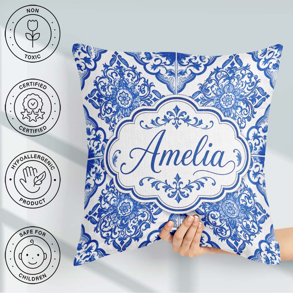 Custom Name Blue Portuguese Azulejo Tile Seamless Pattern Lovely Square Filled Cushion Throw Pillow Sofa Bed Home Decor Zip Washable UK Made
