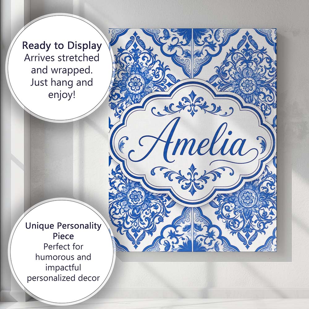 Personalised Name Blue Portuguese Azulejo Custom  Unique Gift Idea Elegant Feature Canvas Wall Art Print Decor Picture Ready to Hang