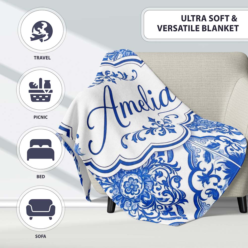 Blue Portuguese Azulejo Ornamental Tile Seamless Pattern Lovely  Personalised Custom Name Super Soft Fleece Blanket Bed Sofa Throw
