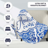Blue Portuguese Azulejo Ornamental Tile Seamless Pattern Lovely  Personalised Custom Name Super Soft Fleece Blanket Bed Sofa Throw