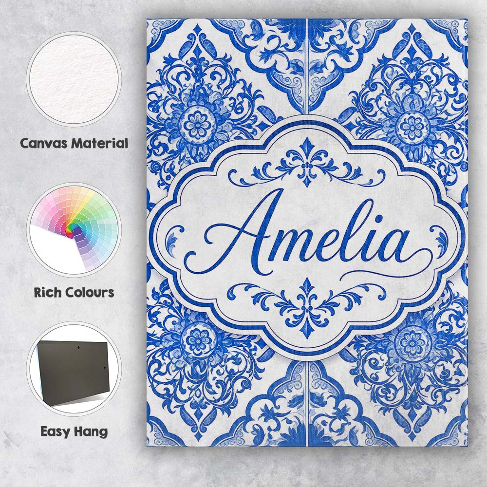 Personalised Name Blue Portuguese Azulejo Custom  Unique Gift Idea Elegant Feature Canvas Wall Art Print Decor Picture Ready to Hang