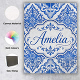 Personalised Name Blue Portuguese Azulejo Custom  Unique Gift Idea Elegant Feature Canvas Wall Art Print Decor Picture Ready to Hang