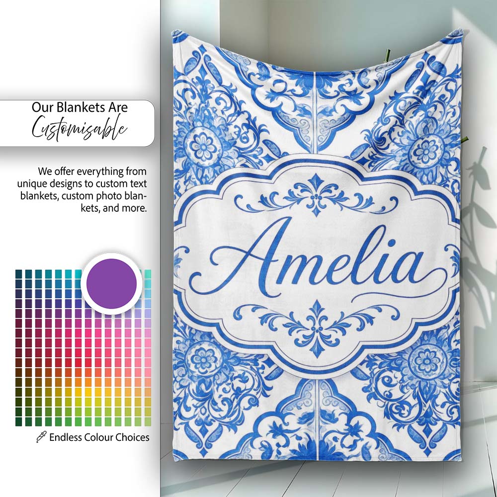 Blue Portuguese Azulejo Ornamental Tile Seamless Pattern Lovely  Personalised Custom Name Super Soft Fleece Blanket Bed Sofa Throw