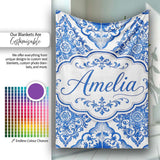 Blue Portuguese Azulejo Ornamental Tile Seamless Pattern Lovely  Personalised Custom Name Super Soft Fleece Blanket Bed Sofa Throw