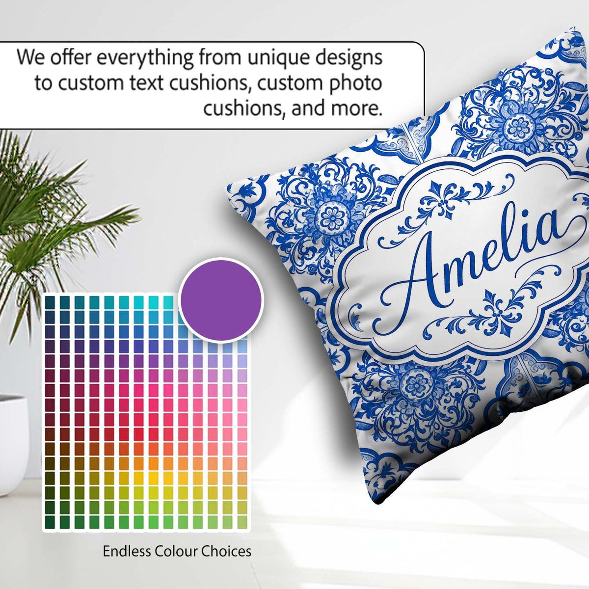 Custom Name Blue Portuguese Azulejo Tile Seamless Pattern Lovely Square Filled Cushion Throw Pillow Sofa Bed Home Decor Zip Washable UK Made