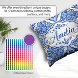 Custom Name Blue Portuguese Azulejo Tile Seamless Pattern Lovely Square Filled Cushion Throw Pillow Sofa Bed Home Decor Zip Washable UK Made