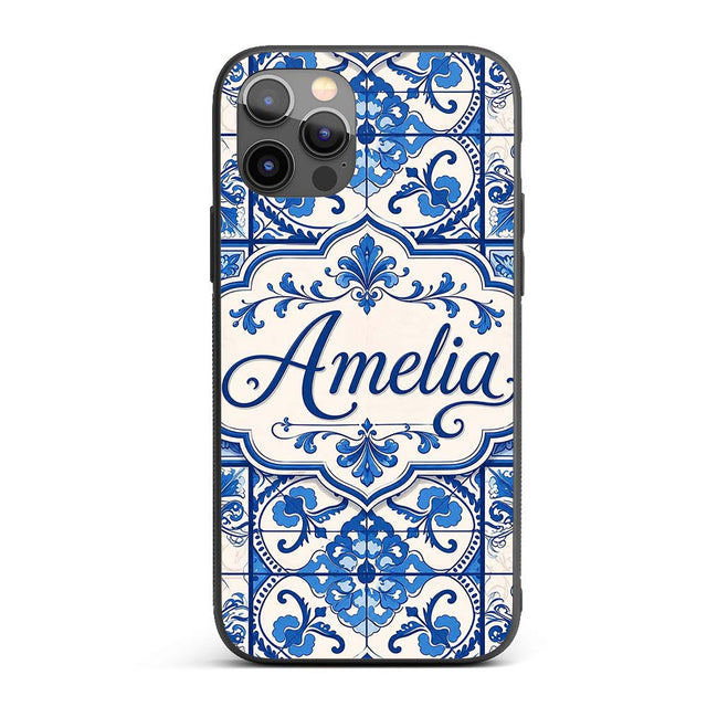 Blue White Classic Decorative Tile Printed Design Custom Name Protective Phone Case Mobile Cover Durable Everyday Smartphone Shock Resistant