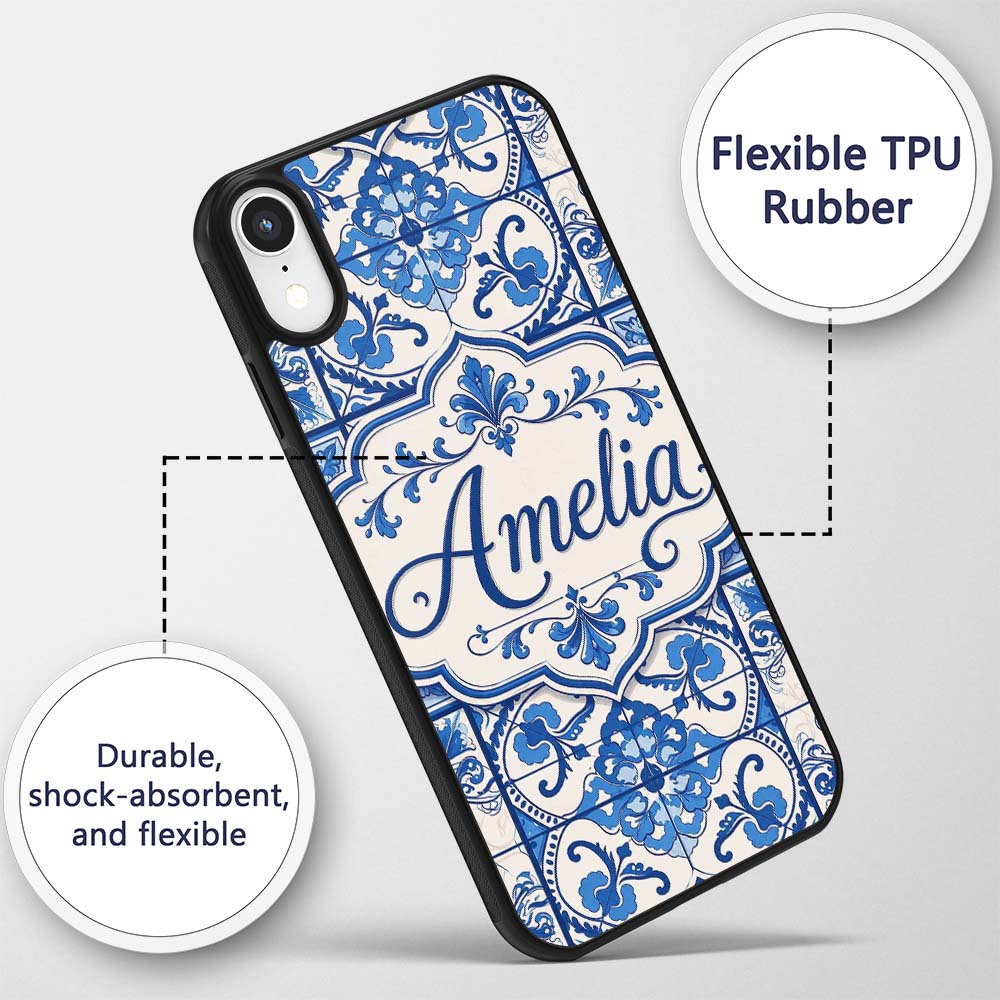 Blue White Classic Decorative Tile Printed Design Custom Name Protective Phone Case Mobile Cover Durable Everyday Smartphone Shock Resistant