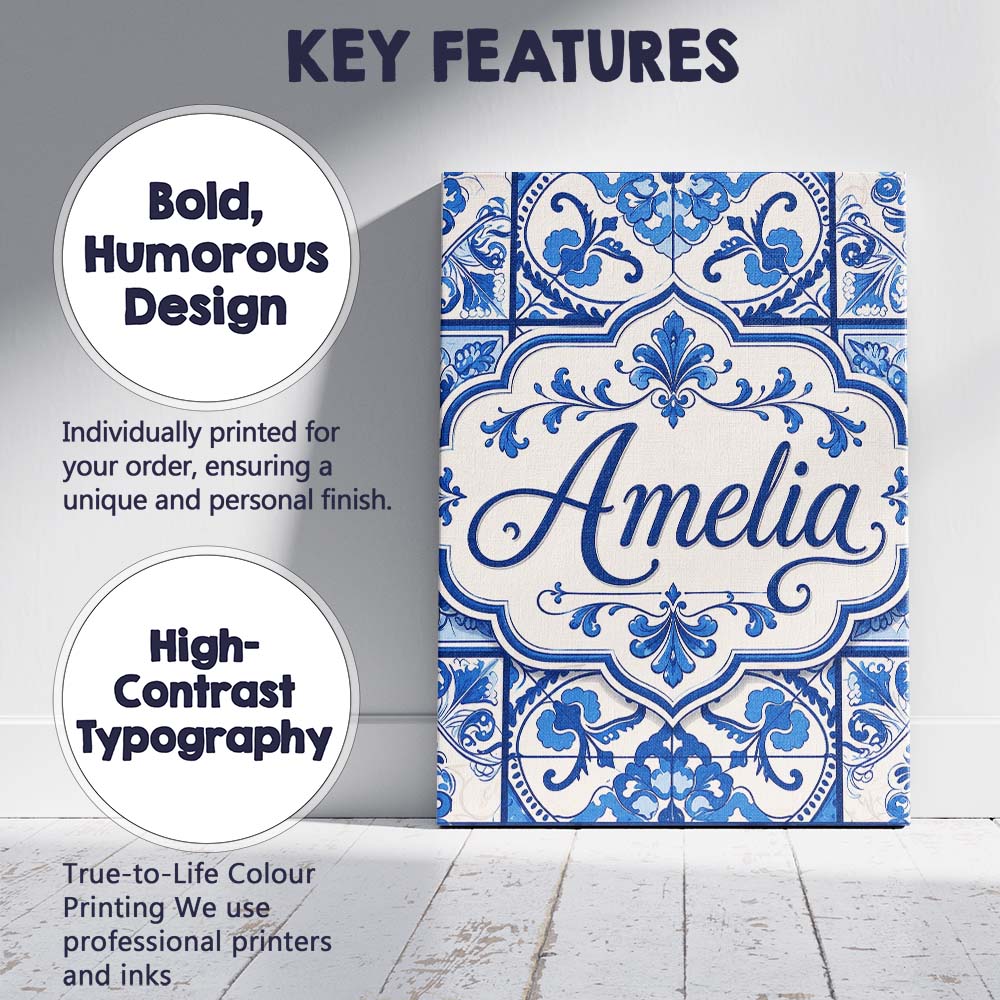 Personalised Name Blue White Classic Custom Premium Decorative Design Modern Room Accent Canvas Wall Art Print Decor Picture Ready to Hang