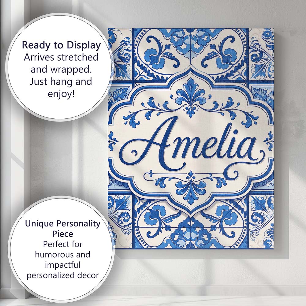Personalised Name Blue White Classic Custom Premium Decorative Design Modern Room Accent Canvas Wall Art Print Decor Picture Ready to Hang