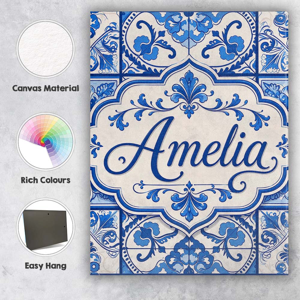 Personalised Name Blue White Classic Custom Premium Decorative Design Modern Room Accent Canvas Wall Art Print Decor Picture Ready to Hang