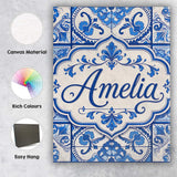 Personalised Name Blue White Classic Custom Premium Decorative Design Modern Room Accent Canvas Wall Art Print Decor Picture Ready to Hang