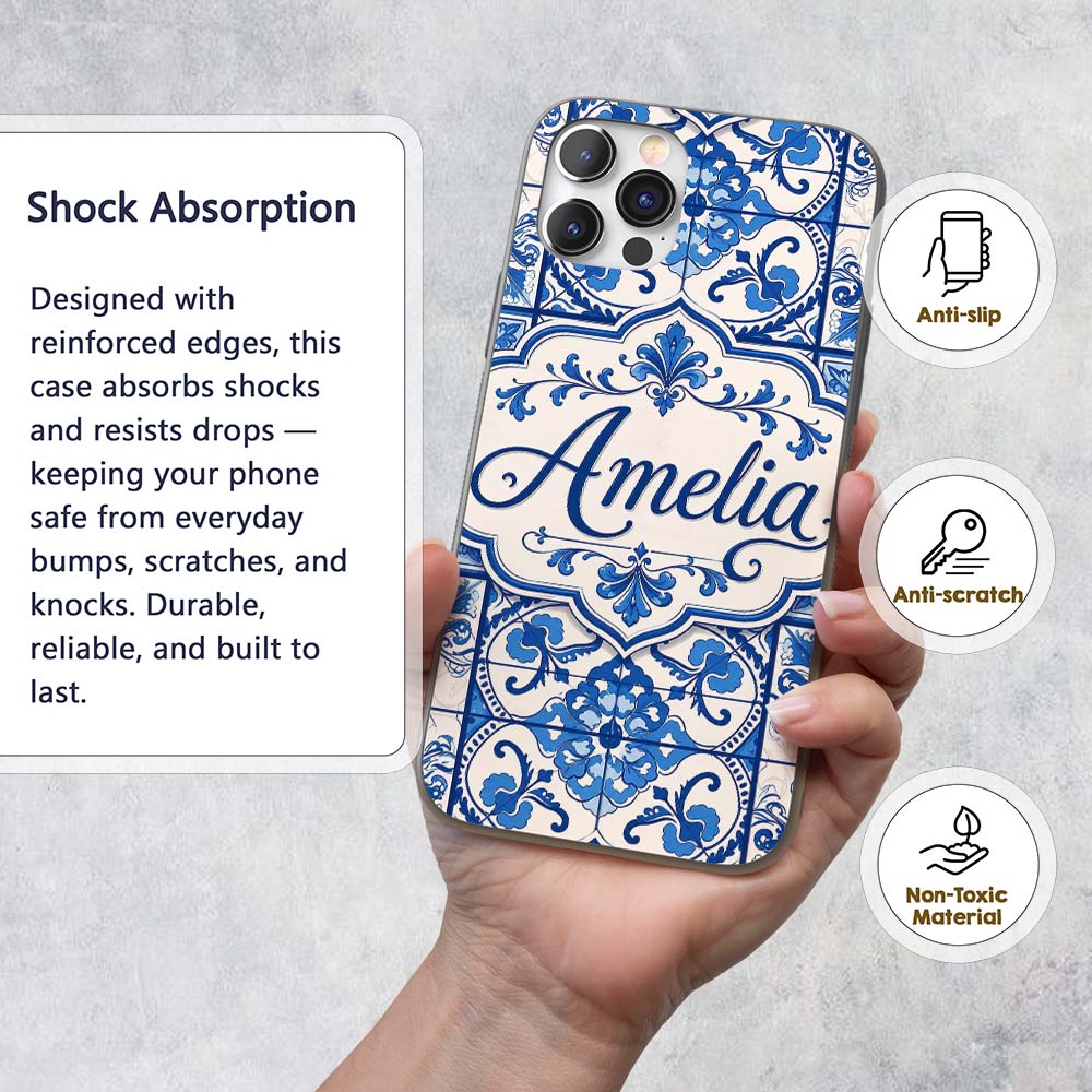 Blue White Classic Decorative Tile Printed Design Custom Name Protective Phone Case Mobile Cover Durable Everyday Smartphone Shock Resistant