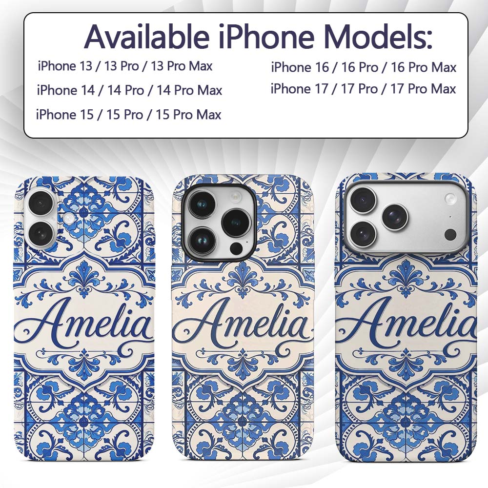 Blue White Classic Decorative Tile Printed Design Custom Name Protective Phone Case Mobile Cover Durable Everyday Smartphone Shock Resistant