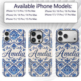 Blue White Classic Decorative Tile Printed Design Custom Name Protective Phone Case Mobile Cover Durable Everyday Smartphone Shock Resistant