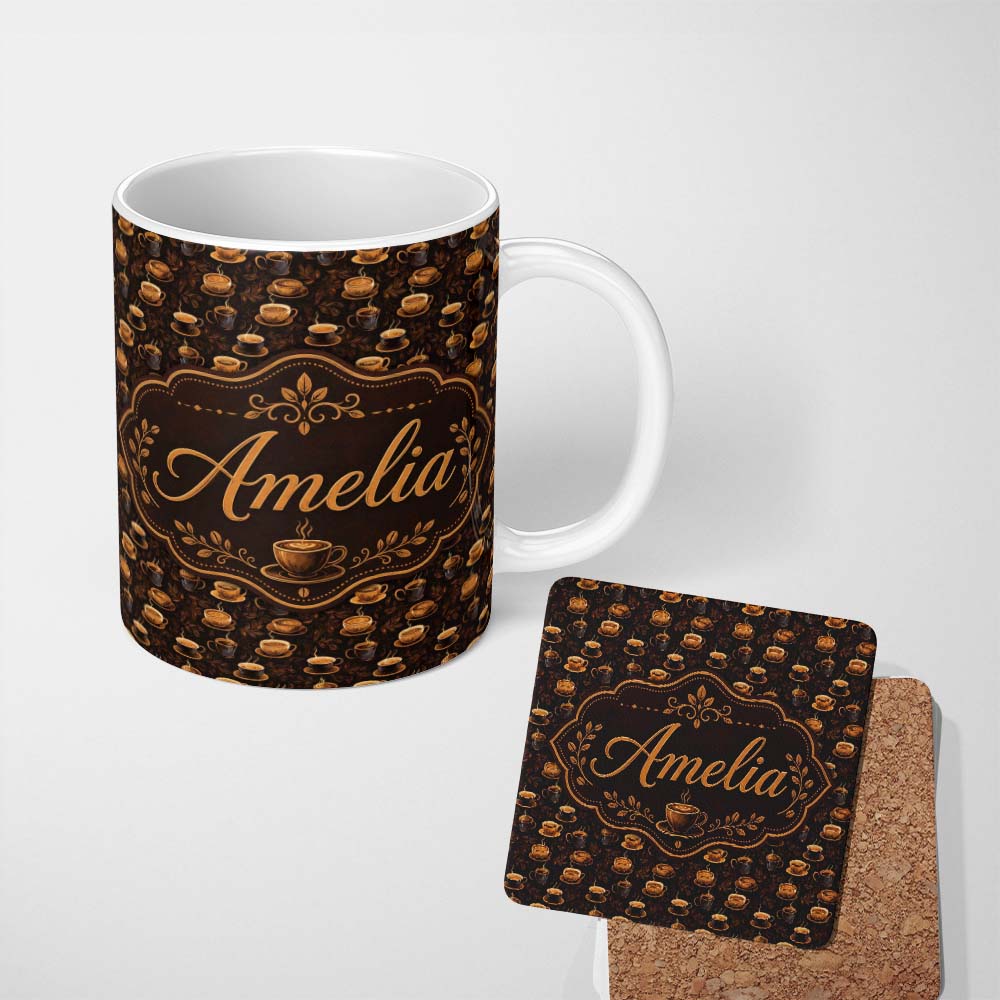 Personalized Custom Name Dark Coffee Cups Rich Espresso Theme Seamless Pattern Lovely 11oz Ceramic Coffee Tea Mug White Large Handle