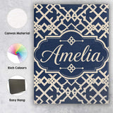 Personalised Name Navy Blue Moroccan Custom Premium Decorative Design Modern Room Accent Canvas Wall Art Print Decor Picture Ready to Hang