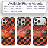 Abstract Orange Black Checkered Marble Geometric Custom Name Protective Phone Case Mobile Cover Durable Everyday Smartphone Shock Resistant
