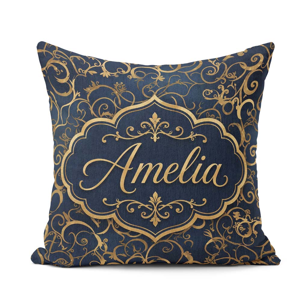 Custom Name Luxury Gold Floral Vine Scroll on Deep Blue Seamless Square Filled Cushion Throw Pillow Sofa Bed Home Decor Zip Washable UK Made