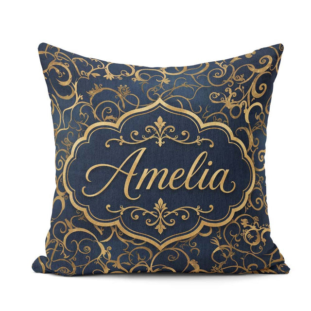 Custom Name Luxury Gold Floral Vine Scroll on Deep Blue Seamless Square Filled Cushion Throw Pillow Sofa Bed Home Decor Zip Washable UK Made