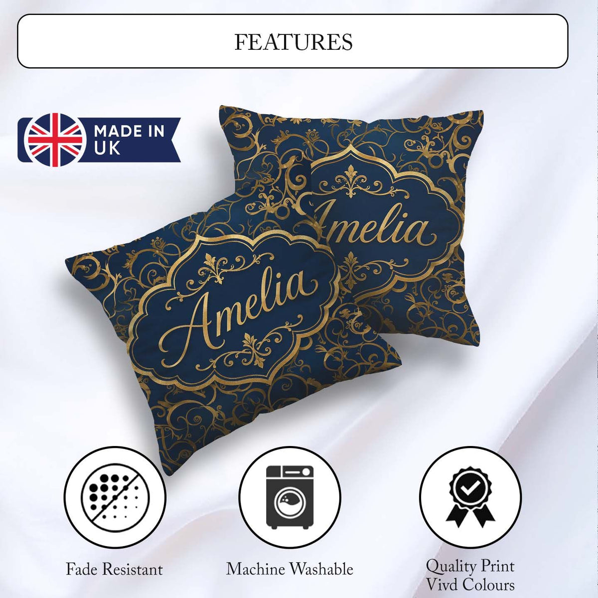 Custom Name Luxury Gold Floral Vine Scroll on Deep Blue Seamless Square Filled Cushion Throw Pillow Sofa Bed Home Decor Zip Washable UK Made